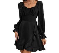 KBRPEY Mini Robe Femme Manche Longue Élégante Chic Casual Col Plat Sexy Club Cocktail Courte Couleur Unie Soirée (Noir S)