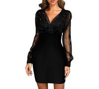 KBRPEY Mini Robes Manches Longues Femme Sexy Robe Dentelle Paillettes Courte Robes Col en V Robe De Soirée Robe Cocktail Club Taille Haute(Noir M)