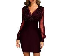KBRPEY Mini Robes Manches Longues Femme Sexy Robe Dentelle Paillettes Courte Robes Col en V Robe De Soirée Robe Cocktail Club Taille Haute(Rouge vin XXL)