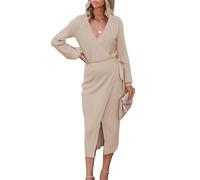 KBRPEY Robe à Manche Longue Femme Tricotée Robe de Soirée Travail Pendulaire Longues Manches Robe de Bureau col en V Profond Sexy Formel Robes d'affaires(Kaki S)