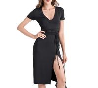 KBRPEY Robe à Manches Courtes Femme Col V Fendue Midi Élégante Robe Ete Ceinturée Robes Chic Et Elegant Soirée Cocktail Tenue de Fête