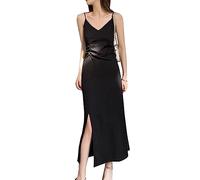 KBRPEY Robe de Soiree Femme Sexy V-Col Robes Fendu Nu Dresses sans Manches Longue Robe Couleur Unie Elégant Dress de Club Soirée (Noir L)