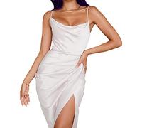 KBRPEY Robe De Soirée Femme Sexy V Nuque Sans Manches Spaghetti Sangle Moulante Avant Wrap Slit Bandage Midi Club (Blanc L)