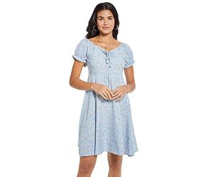 KBRPEY Robe d'été de Chic et Elegant Femme Florale Robe Short à Manches Courtes Chemise Imprimé Smockée Ajustée Taille Plage Vacances Mini Robe de Plage(Bleu S)