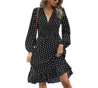 KBRPEY Robe Manche Longue Caual Robes à Pois Femme Robe Femme Chic et Elegant Longues Manches Robe Cocktail Robes Grande Taille Ceinturée(Noir L)