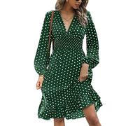 KBRPEY Robe Manche Longue Caual Robes à Pois Femme Robe Femme Chic et Elegant Longues Manches Robe Cocktail Robes Grande Taille Ceinturée(Vert S)