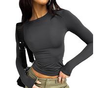 KBRPEY T-Shirts à Manches Longues Women's Y2k Haut Court Slim Fit Tee Crop Top Casual Solid Color Crew Neck Long Sleeve Basic Going Out Mode Blouse T-Shirt Cropped Shirt Sexy