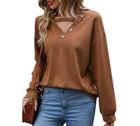 KBRPEY T-Shirts Décontractés à Manches Longues Confortable Top Femme Manche Longue Haut à Col V Casual Haut en Ajourée(Couleur Bronze XL)