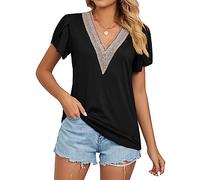 KBRPEY Tshirt Femme à Manches Courtes Col V Dentelle Élégant Tshirt Décontracté Coton Top Haut Casual Été Blouse Mode Quotidien