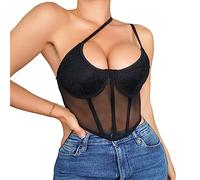 KBRPEY Y2k Corset en Dentelle sans Manches à Bretelles Spaghetti pour Femme Sexy Col en V Haut Chic Bralettes Bretelles Spaghetti Haut Court Crop Top Noir de Vest de Clubwear (S)
