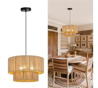 KBUUKYYXouy 18" Modern Double Drum Fabric Pendant Light, Large Hanging Ceiling Chandelier Fixture with Dual Layer Shade, Ideal for Dining Room(Jute,18")