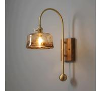 KBUUKYYXouy Applique murale moderne du milieu du siècle en noyer, applique murale à col de cygne en laiton avec abat-jour en verre ambré, lampe de chevet vintage for chambre à coucher