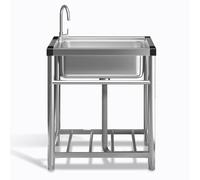 KCCRHIN Evier INOX Cuve Simple Évier 1 Bac De Jardin Extérieur, Evier sur Pieds De Cuisine Lavabo Multifonctionnel avec Robinet Pivotant pour Restaurant/Bar/Buanderie/Garage,47x42x75cm