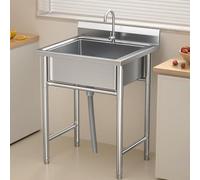 KCCRHIN Évier sur Pieds De Cuisine en Acier INOX 1 Bac Évier De Jardin Extérieur Évier INOX Commercial Utilitaire Lavabo Multifonctionnel avec Robinet Pivotant pour Garage,Buanderie,50x50x80cm