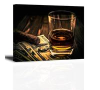 KCDFDVJFBM Cigar Wine Whiskey Trio Canvas Art, Luxury Home Bar Decor Print, Framed Poster for Gentleman's Study or Smoking Room(Framed,08x12inch(20x30cm))