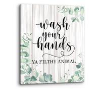 KCDFDVJFBM Funny Toilet Print Bathroom Wall-Art Wash Your Hands Ya Filthy Animal Eucalyptus Leaf Canvas Painting Artwork for Home Kitchen Decor(Framed,08x12inch(20x30cm))