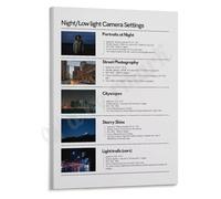 KCDFDVJFBM Low Light Photography Settings Poster Camera Cheat Sheet for Night and Indoor Shots Canvas Art(Framed,16x24inch(40x60cm))