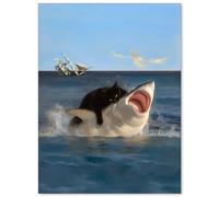 KCDFDVJFBM Quirky Animal Showdown Poster, Fat Cat vs Shark in Classical Art Style, Humorous Canvas Print for Living Room, Bedroom or Game Room Wall(Framed,08x12inch(20x30cm))