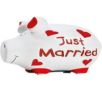 KCG Tirelire en céramique « Just Married » - Petite tirelire de mariage blanche avec inscription rouge - 12,5 × 9 × 9 cm