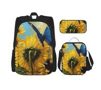 KCGSDEGV Ensemble cartable 3 pièces avec sac à déjeuner et trousse à crayons - Imprimé à paillettes - Noir et blanc, Tournesols jaunes avec papillons bleus, Taille unique, Sacs à dos de jour