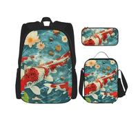 KCGSDEGV Ensemble cartable 3 pièces avec sac à déjeuner et trousse à crayons - Imprimé sushi japonais - Pour adolescentes, filles et garçons, Jolis poissons koï japonais, Taille unique, Sacs à dos de