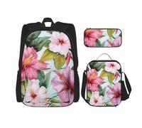 KCGSDEGV Ensemble cartable 3 pièces avec sac à déjeuner et trousse à crayons - Imprimé sushi japonais - Pour adolescentes, filles et garçons, Imprimé fleurs hawaïennes, Taille unique, Sacs à dos de