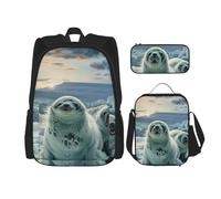 KCGSDEGV Ensemble cartable 3 pièces avec sac à déjeuner et trousse à crayons - Imprimé sushi japonais - Pour adolescentes, filles et garçons, Papier peint phoque harpe, Taille unique, Sac à dos