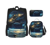 KCGSDEGV Ensemble cartable 3 pièces avec sac à déjeuner et trousse à crayons - Motif imprimé de roses arc-en-ciel - Pour adolescentes, filles et garçons, Lune, étoiles et planètes, Taille unique, Sacs