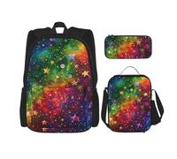 KCGSDEGV Ensemble cartable 3 pièces avec sac à déjeuner et trousse à crayons - Motif lama mignon - Pour adolescentes, filles et garçons, Étoiles arc-en-ciel colorées, Taille unique, Sacs à dos de jour