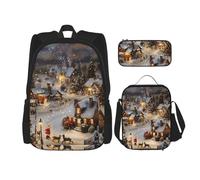 KCGSDEGV Ensemble cartable 3 pièces avec sac à déjeuner et trousse à crayons - Motif lama mignon - Pour adolescentes, filles et garçons, Village de Noël., Taille unique, Sacs à dos de jour