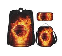 KCGSDEGV Ensemble cartable 3 pièces imprimé bichon frisé avec sac à déjeuner et trousse à crayons, sac à dos mignon pour adolescentes, filles et garçons, Éclaboussures de flamme de basket-ball en feu