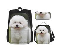 KCGSDEGV Ensemble cartable 3 pièces imprimé bichon frisé avec sac à déjeuner et trousse à crayons, sac à dos mignon pour adolescentes, filles et garçons, Chien bichon frisé., Taille unique, Sac à dos