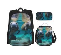 KCGSDEGV Ensemble cartable 3 pièces imprimé bichon frisé avec sac à déjeuner et trousse à crayons, sac à dos mignon pour adolescentes, filles et garçons, Lamanats indiens de l'Ouest, Taille unique