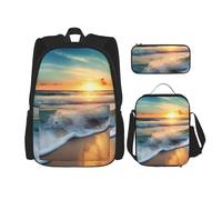 KCGSDEGV Ensemble cartable 3 pièces imprimé bichon frisé avec sac à déjeuner et trousse à crayons, sac à dos mignon pour adolescentes, filles et garçons, Plage coucher de soleil mer, Taille unique