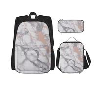 KCGSDEGV Ensemble cartable 3 pièces imprimé citron jaune avec sac à déjeuner et trousse à crayons, sac à dos mignon pour étudiant, adolescent, fille et garçon, Marbre blanc or rose., Taille unique