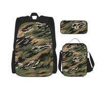 KCGSDEGV Ensemble cartable 3 pièces imprimé citron jaune avec sac à déjeuner et trousse à crayons, sac à dos mignon pour étudiant, adolescent, fille et garçon, Camouflage rayé tigre, taille unique