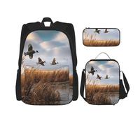 KCGSDEGV Ensemble cartable 3 pièces imprimé coccinelle avec sac à déjeuner et trousse à crayons pour adolescents, filles, garçons, Canard sauvage volant de chasse, Taille unique, Sacs à dos de jour