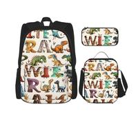 KCGSDEGV Ensemble cartable 3 pièces imprimé drapeau du Royaume-Uni avec sac à déjeuner et trousse à crayons pour adolescents, filles, garçons, Lettres d'apprentissage élégantes avec dinosaures, Taille