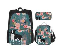 KCGSDEGV Ensemble cartable 3 pièces imprimé en cuir de vache marron avec sac à déjeuner et trousse à crayons pour adolescents, filles, garçons, Border Collie Floral, Taille unique, Sacs à dos de jour