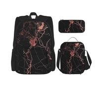 KCGSDEGV Ensemble cartable 3 pièces imprimé en cuir de vache marron avec sac à déjeuner et trousse à crayons pour adolescents, filles, garçons, Marbre or rose noir., Taille unique, Sacs à dos de jour