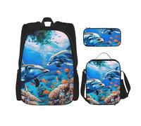 KCGSDEGV Ensemble cartable 3 pièces imprimé noir et blanc avec sac à déjeuner et trousse à crayons pour adolescents, filles et garçons, Beau monde sous-marin dauphins corail, Taille unique, Sacs à dos