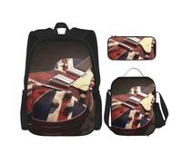KCGSDEGV Ensemble cartable imprimé marbré coloré 3 pièces avec sac à déjeuner et trousse à crayons pour adolescents, filles, garçons, Guitare drapeau anglais, Taille unique, Sacs à dos de jour