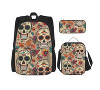KCGSDEGV Ensemble de 3 sacs d'école avec sac à déjeuner et trousse à crayons - Motif carlin mignon - Pour adolescentes, filles et garçons, Crâne mexicain., Taille unique, Sacs à dos de jour