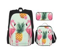 KCGSDEGV Ensemble de 3 sacs d'école avec sac à déjeuner et trousse à crayons - Motif carlin mignon - Pour adolescentes, filles et garçons, Ananas flamants roses, Taille unique, Sacs à dos de jour
