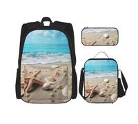 KCGSDEGV Ensemble de 3 sacs d'école avec sac à déjeuner et trousse à crayons - Motif carlin mignon - Pour adolescentes, filles et garçons, Coquillages de plage de mer, Taille unique, Sacs à dos de