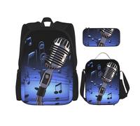 KCGSDEGV Ensemble de 3 sacs d'école avec sac à déjeuner et trousse à crayons - Motif carlin mignon - Pour adolescentes, filles et garçons, Microphone avec notes de musique, Taille unique, Sacs à dos