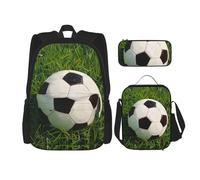 KCGSDEGV Ensemble de 3 sacs d'école avec sac à déjeuner et trousse à crayons - Motif champ de football - Imprimé nuit - Pour adolescentes, filles et garçons, Herbe et football, Taille unique, Sac à