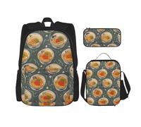 KCGSDEGV Ensemble de 3 sacs d'école avec sac à déjeuner et trousse à crayons - Motif floral et crâne - Pour adolescentes, filles et garçons, Coquetier Noodle Ramen, Taille unique, Sacs à dos de jour