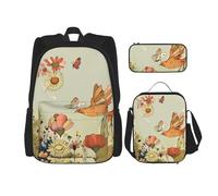 KCGSDEGV Ensemble de 3 sacs d'école avec sac à déjeuner et trousse à crayons - Motif imprimé - Style rétro moderne du milieu du siècle - Pour adolescentes, filles et garçons, Imprimé Poule Papillon