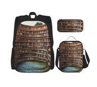 KCGSDEGV Ensemble de 3 sacs d'école avec sac à déjeuner et trousse à crayons - Motif imprimé - Style rétro moderne du milieu du siècle - Pour adolescentes, filles et garçons, Bibliothèque Livres